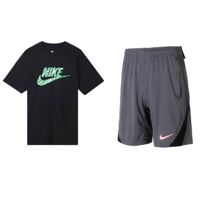 Nike Nike Casual Sportswear Men's Set Black Top+Smoke Gray Pants Crew Neck Moderate