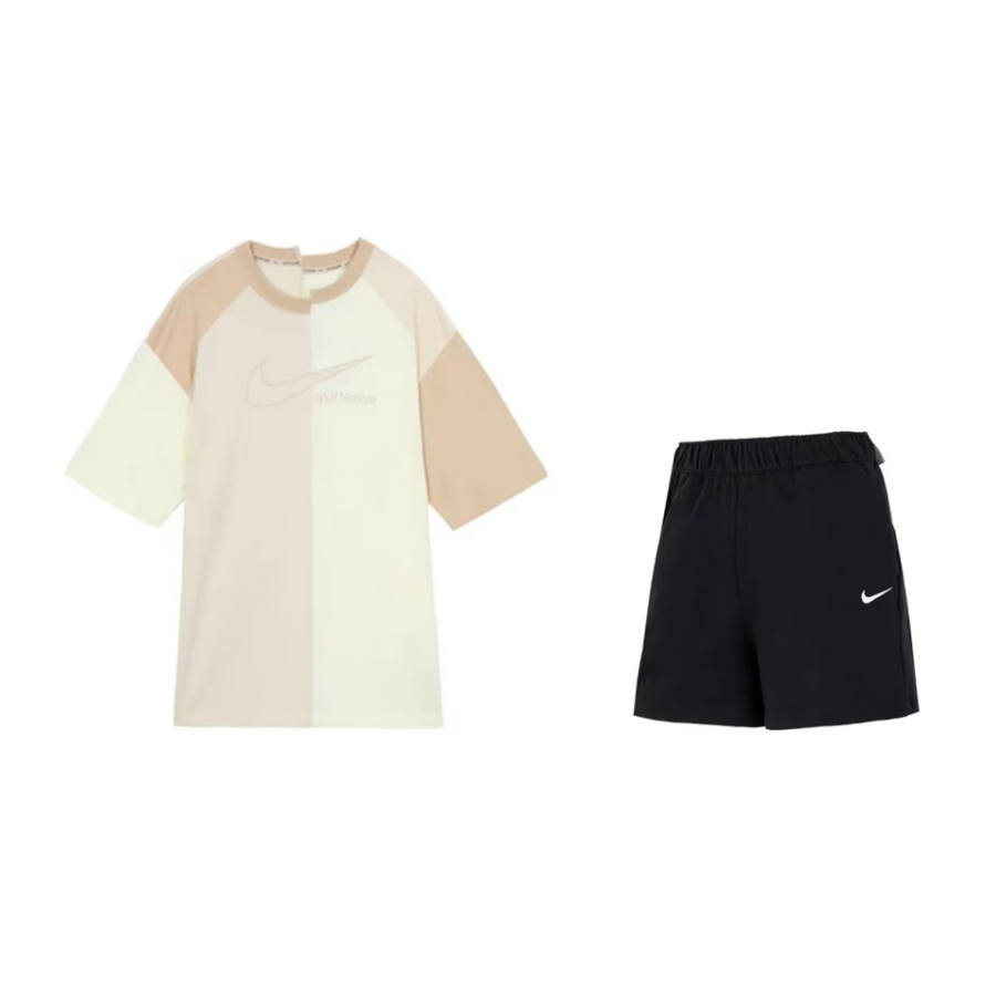 Nike Nike Casual Sportswear Unisex Set Beige Top+Black Shorts Crew Neck Moderate