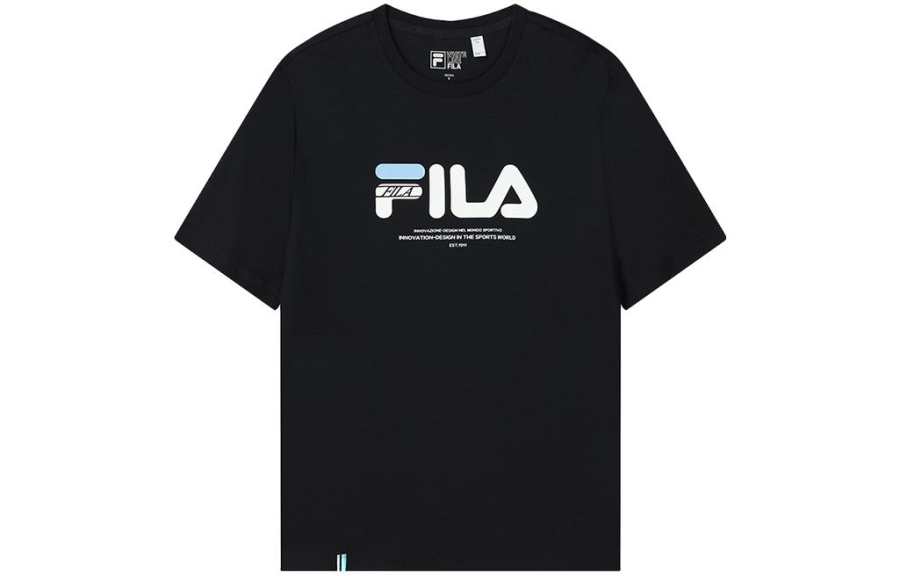FILA Letter Print Drop Shoulder Sleeve T Shirt Women's Black