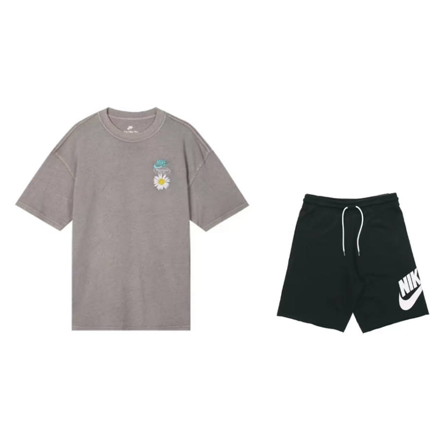Nike Nike Casual Sportswear Unisex Clothing Set Gray Top+Black Shorts Crew Neck Moderate