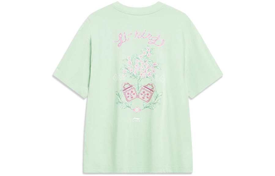 Li-Ning Li Ning Sports Trendy Collection T Shirts Women's Bamboo Green Crew Neck Moderate Straight Fit
