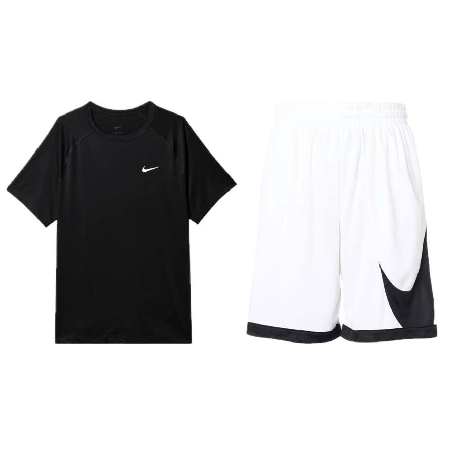 Nike Nike Casual Sportswear Men's Clothing Set Black Top+White Shorts Crew Neck Moderate