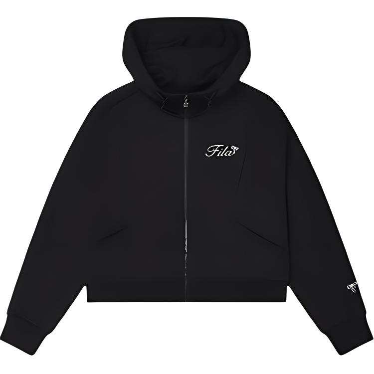 FILA ORIGINALE Fashion Casual Full Zippers Cardigan Fleece Lined Hooded Long Sleeved Coat Sweatshirt Women's Jet Black