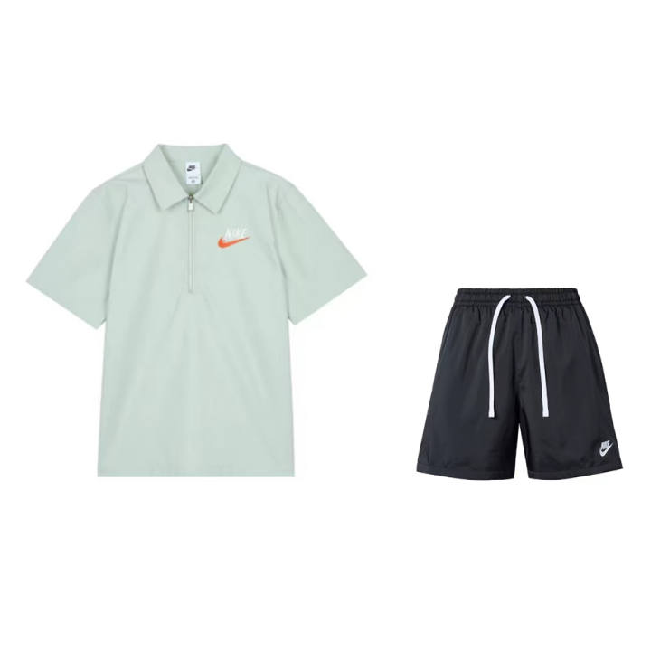 Nike Nike Casual Sportswear Unisex Set Aqua Blue Top+Black Shorts Lapel Moderate