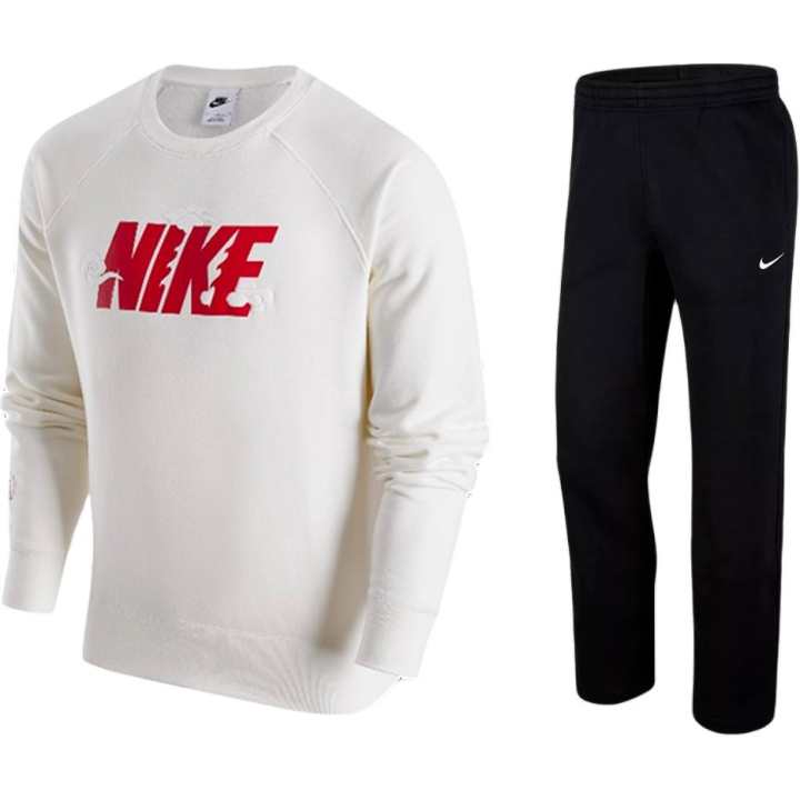 Nike Nike Casual Sportswear Men's Set Sail White Top+Black Pants Crew Neck Thickened