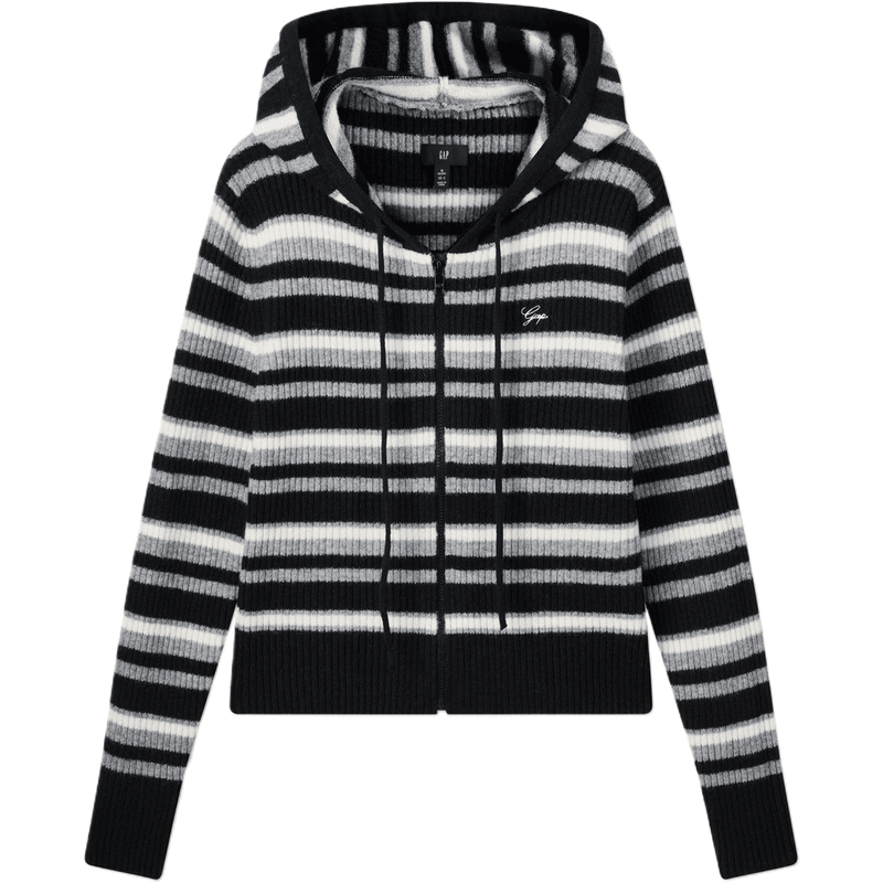 GAP Knitwear Women's Black Stripes Hooded Moderate Cardigan