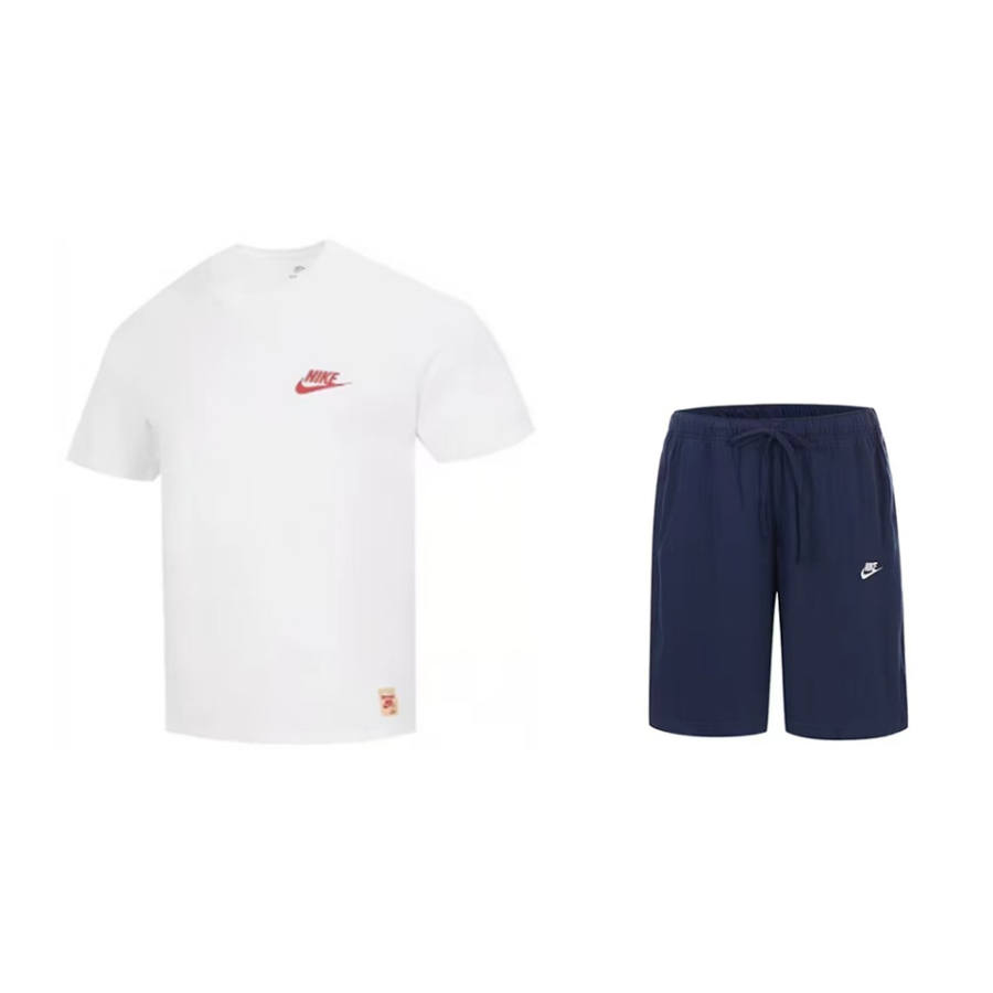 Nike Nike Casual Sportswear Unisex Clothing Set White Top+Dark Blue Shorts Crew Neck Moderate