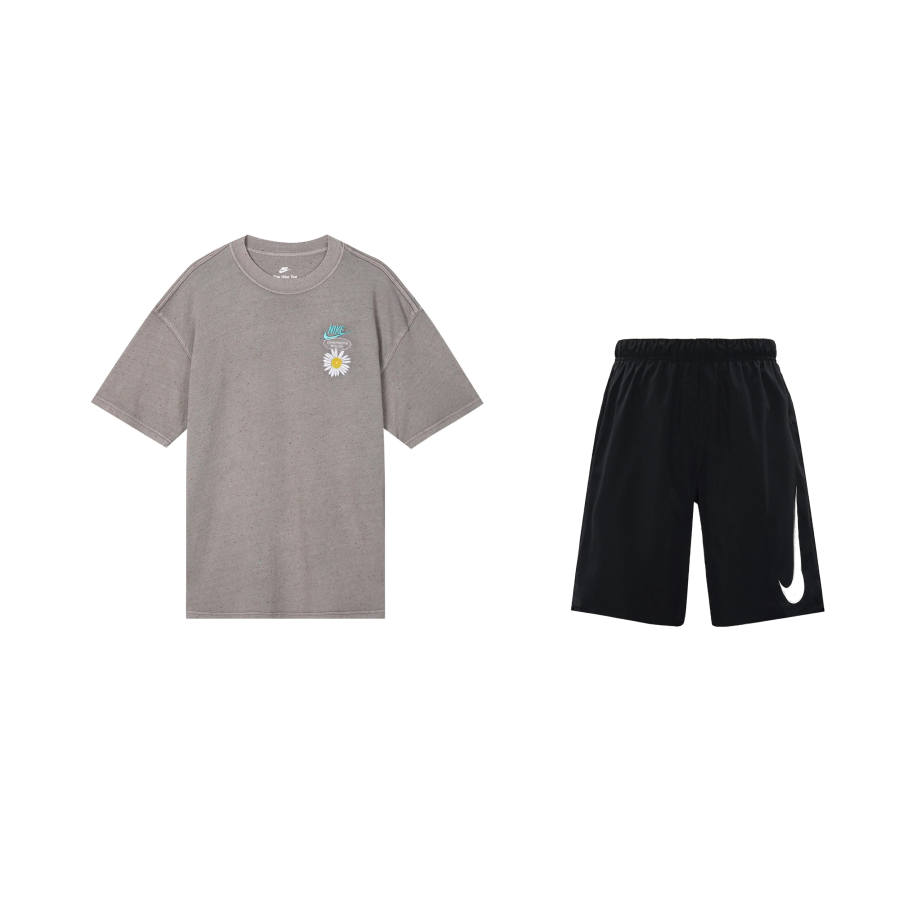 Nike Nike Casual Sportswear Men's Clothing Set Gray Top+Black Shorts Crew Neck Moderate