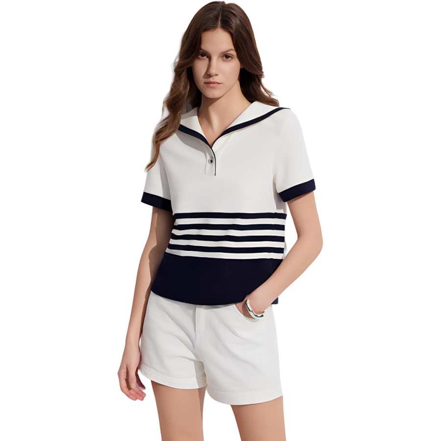 ELLE T Shirts Women's Navy Blue Navy Collar Moderate Straight Fit
