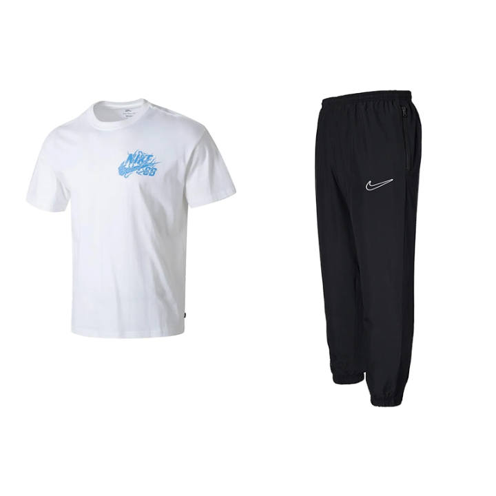 Nike Nike Casual Sportswear Men's Clothing Set White Top+Black Pants Crew Neck Thin