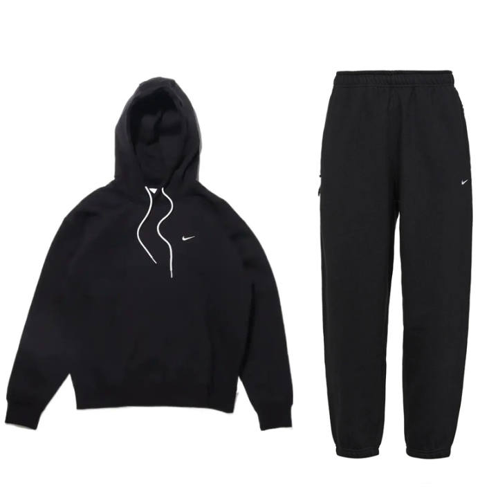 Nike Nike Logo Embroidery Fleece Lined Hooded Pullover Long Sleeved Print Lace Up Pants Casual Sportswear Men's Black
