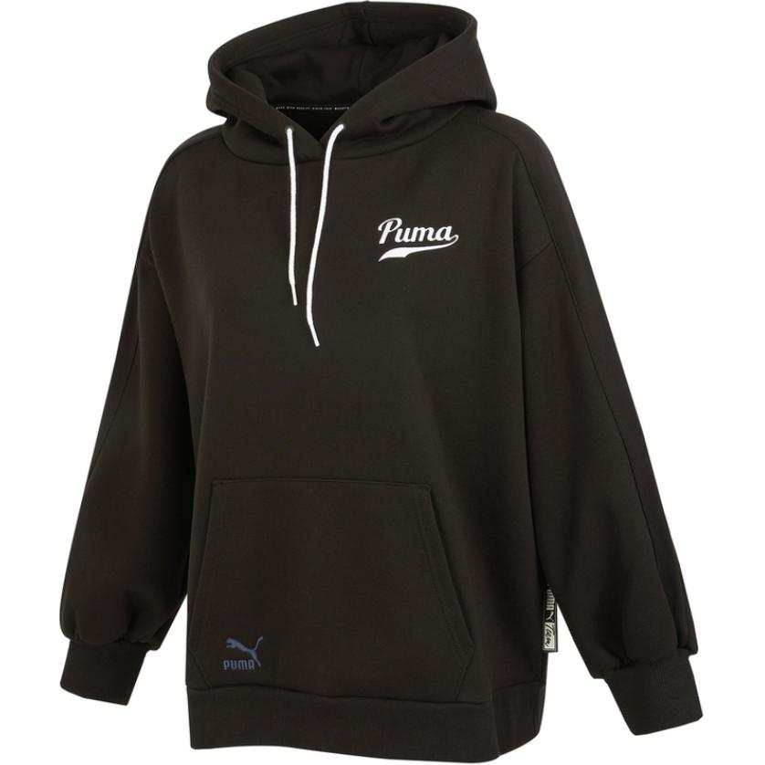 PUMA TEAM Letter Logo Print Fleece Lined Hooded Sweatshirt Women's Black