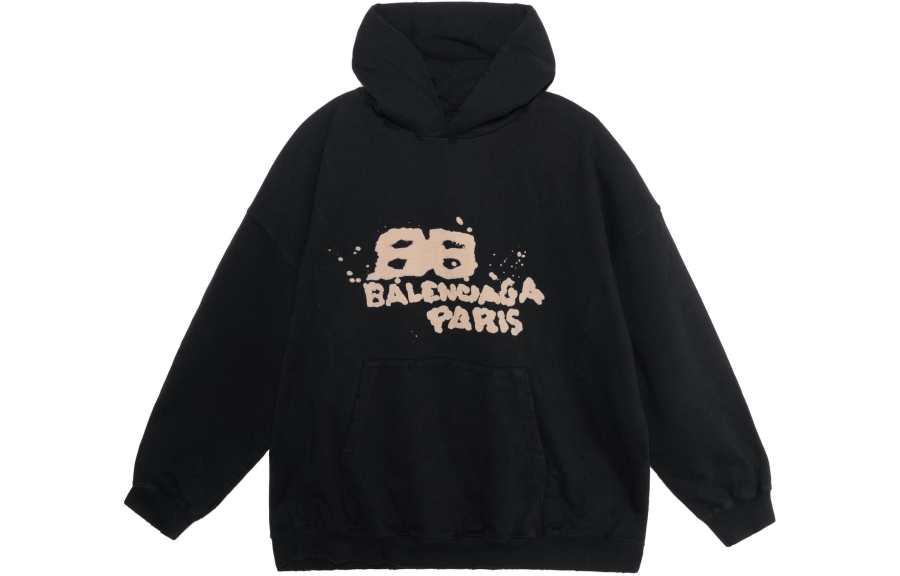 Balenciaga Hand Drawn Bb Icon Large Fit Hoodie Black
