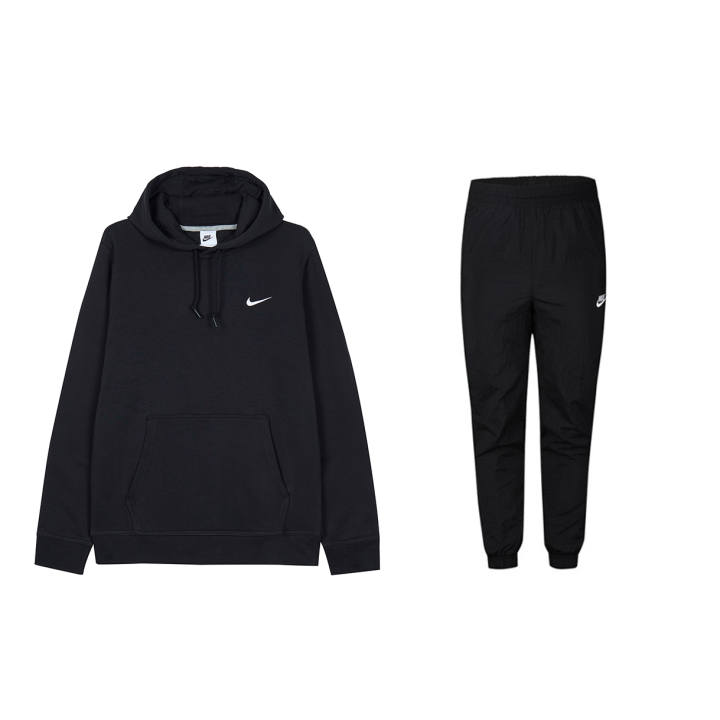 Nike Nike Brand Logo Fleece Lined Hooded Pullover Top Elastic Cuff Knitted Fabric Pants Sweatshirt Set Unisex Black