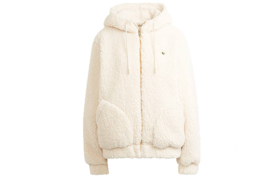 Adidas Originals Sherpa Trefoil, Multi Pocket Loose Fit Thermal Sherpa Hood Jacket Winter Women's Ecru