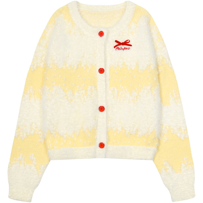 Umoumo Knitwear Women's Yellow Crew Neck Thickened Cardigan