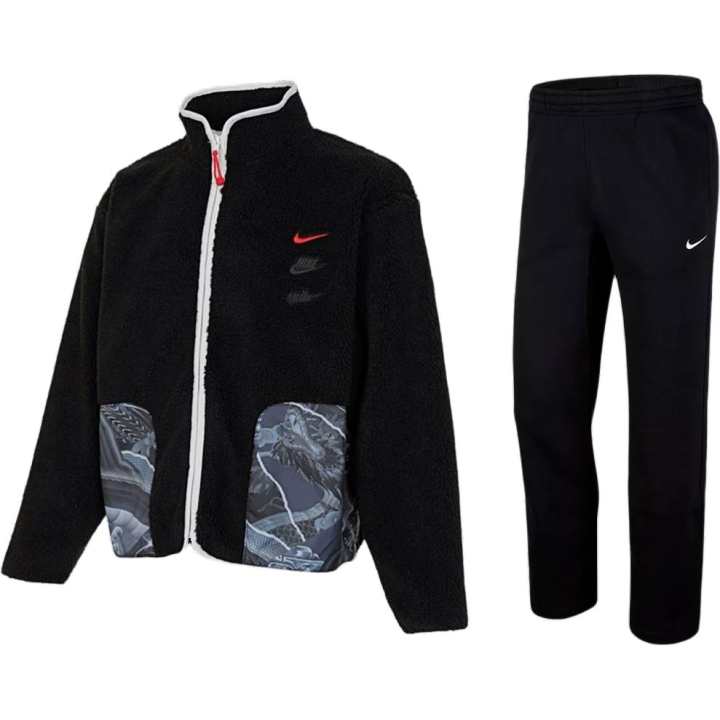 Nike Nike Multicolor Pocket Zippers Velvet Jacket Breathable Fleece Lined Versatile Pants Casual Sportswear Men's Black