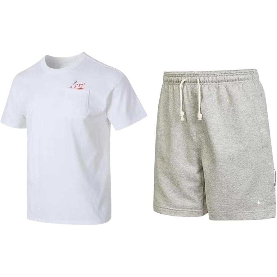 Nike Nike Casual Sportswear Men's Clothing Set White Top+Gray Shorts Crew Neck Moderate