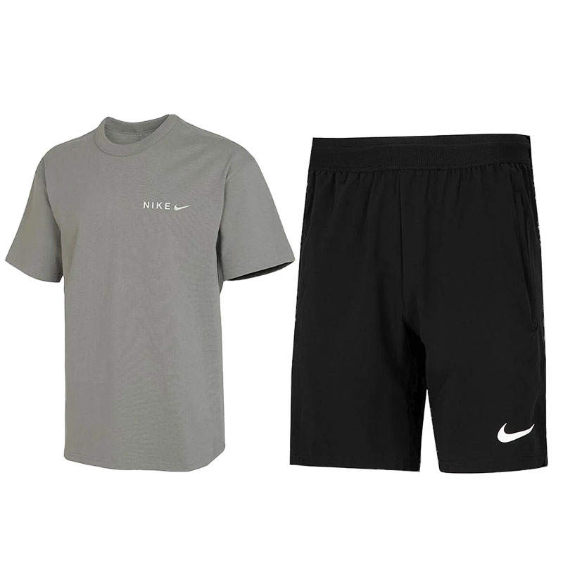 Nike Nike Casual Sportswear Unisex Set Gray Green Top+Black Shorts Crew Neck Moderate
