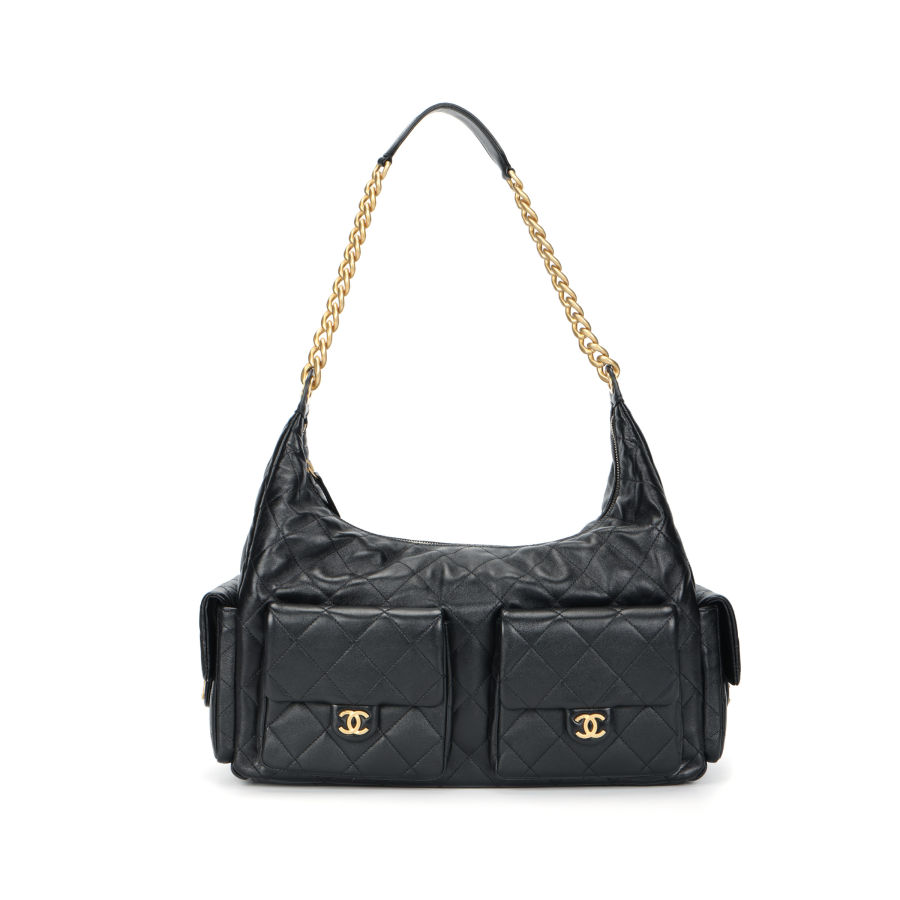 CHANEL HOBO Sheepskin Material Gold Metal Biker Bag, Shoulder Bag Extra Large Women's Black