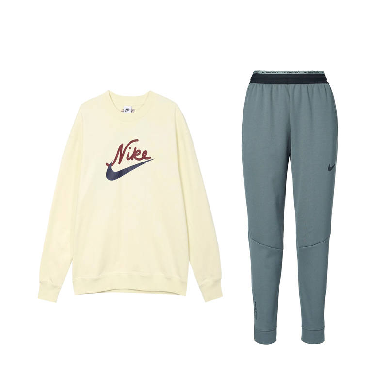Nike Nike Sportswear Letter Logo Print Sports Crew Neck Top Fleece Lined Thermal Knitted Fabric Cuffed Pants Sweatshirt Set