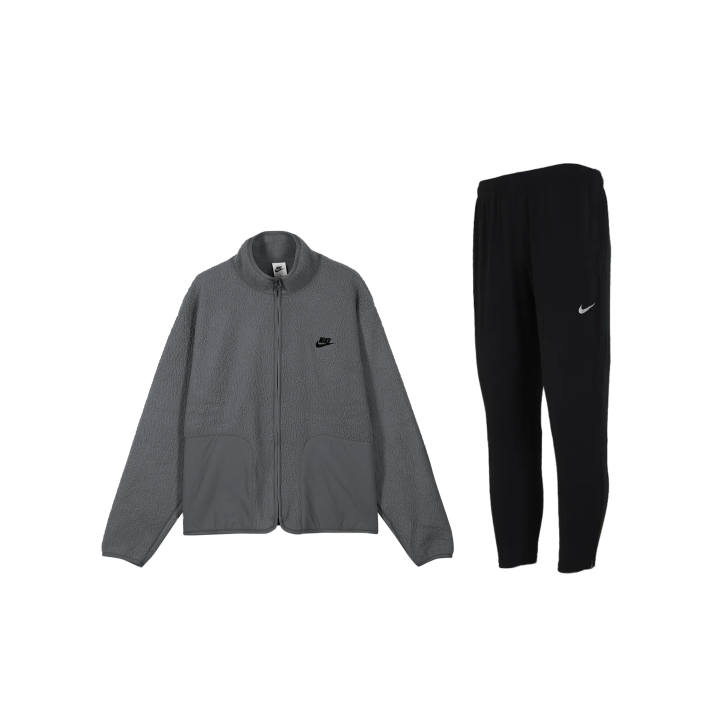 Nike Nike Casual Sportswear Men's Clothing Sets Gray Top+Black Pants Stand Collar Moderate
