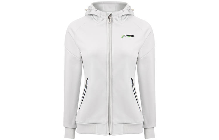 Li-Ning Li Ning Badminton Collection, Print Logo Zippers Cardigan Hooded Fleece Lined Sweatshirt Women's Water Mist Gray