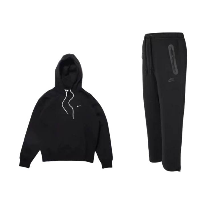 Nike Nike Logo Embroidery Solid Color Fleece Lined Hooded Pullover Top Pants Sweatshirt Set Men's Black