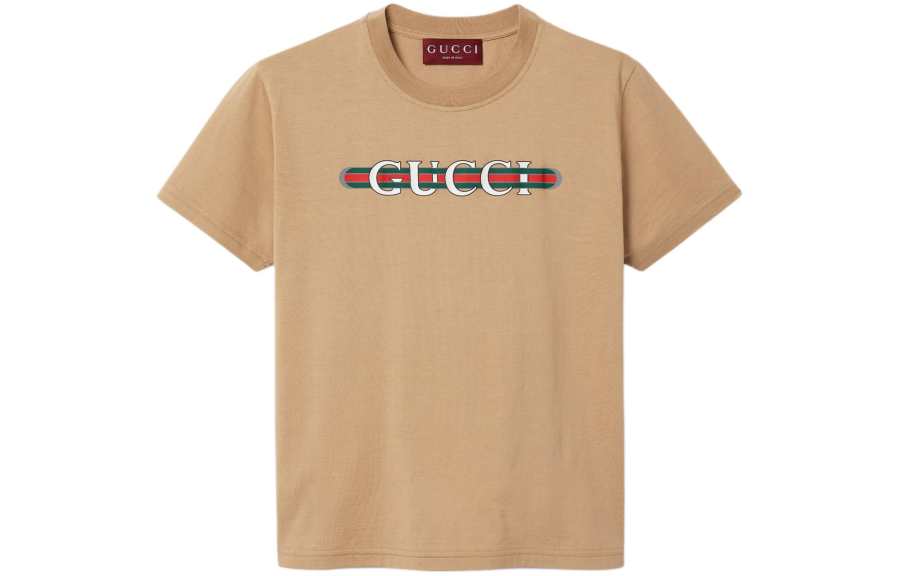 GUCCI FW24 Pre Fall Collection Logo Letter Webbing Print Crew Neck Short Sleeved T Shirt Women's Beige