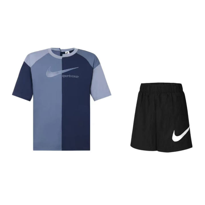Nike Nike Casual Sportswear Unisex Clothing Set Blue Top+Black Shorts Crew Neck Moderate