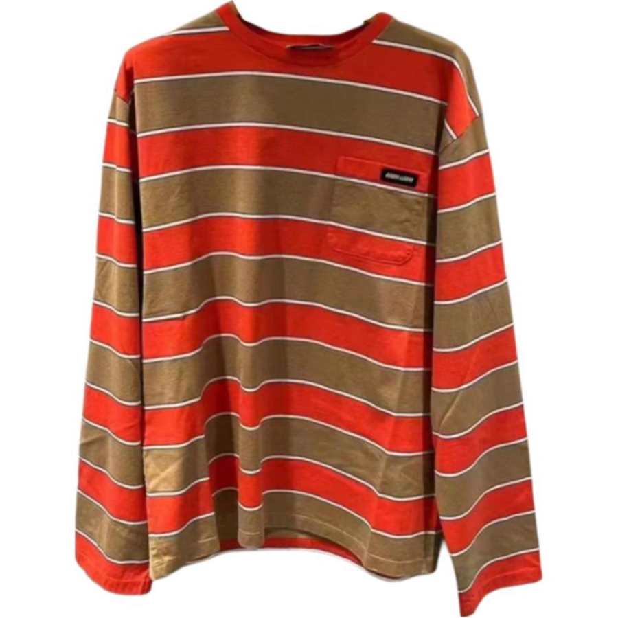 MIU MIU SS24 Striped Crew Neck Loose Fit Pullover Long Sleeved T Shirt Women's Orange