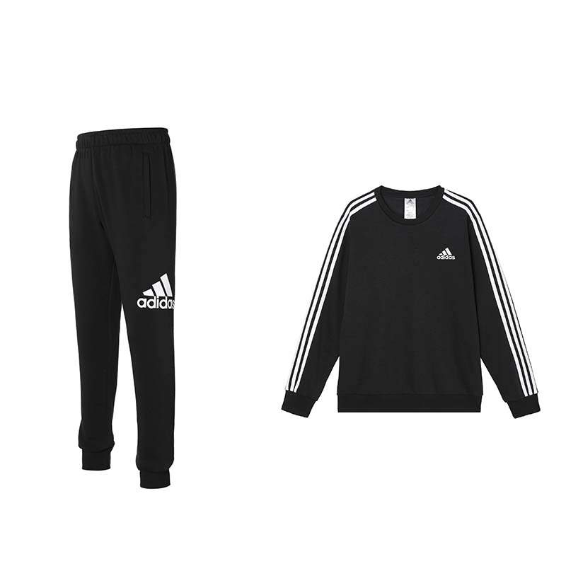 Adidas Adidas Brand Logo Fleece Lined Thermal Sports Pants Pullover Stripes Long Sleeved Crew Neck Top Sweatshirt Set Men's
