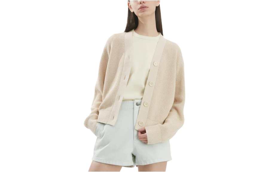 UNIQLO Knitwear Women's Light Beige V Neck Moderate Cardigan
