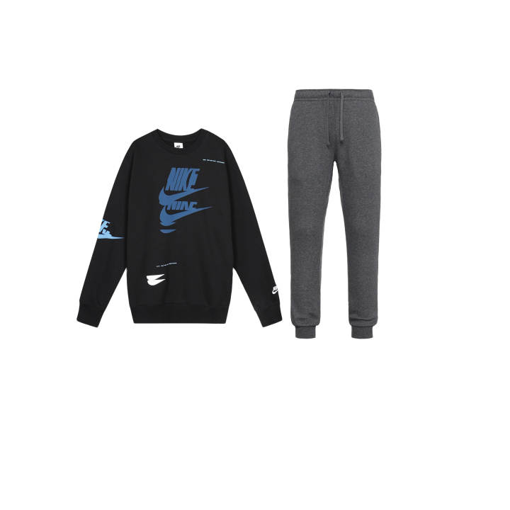 Nike Nike Sportswear Sport Logo Print Fleece Lined Crew Neck Pullover Top Solid Color Lace Up Pants Sweatshirt Set Men's