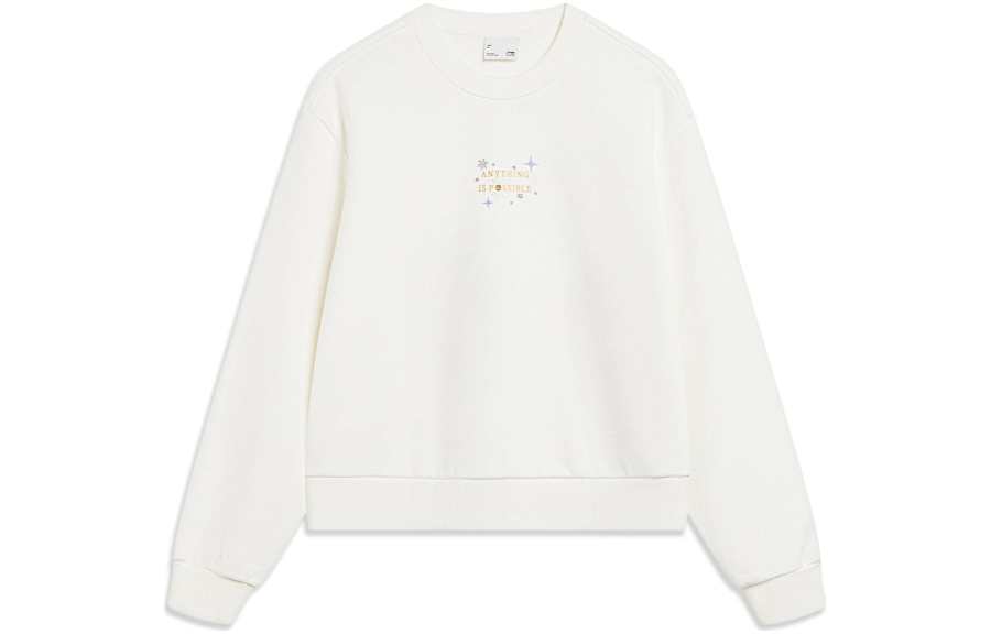 Li-Ning Li Ning Sports Life Collection Letter Print Fleece Lined Thermal Loose Fit Pullover Sweatshirt Women's Ecru