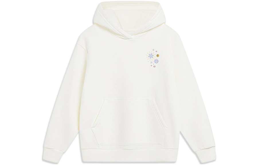 Li-Ning Li Ning Sports Life Collection Patterned Print Fleece Lined Thermal Loose Fit Pullover Hooded Sweatshirt Women's Ecru