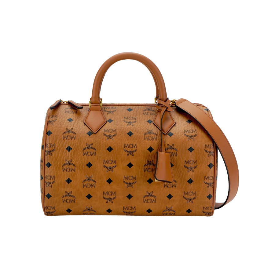 MCM Ella Canvas With Leather Boston Bag One Shoulder Crossbody Travel Handbag Medium Women's Tan