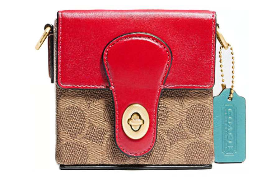 COACH Coated Canvas With Glove Tanned Leather Small Square Bag, Shoulder Bag, Crossbody Bag Women's Brown Yellow
