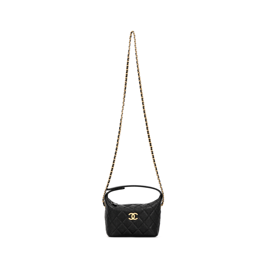 CHANEL Grain Cow Leather Material Gold Metal Hobo Handbag Women's Black