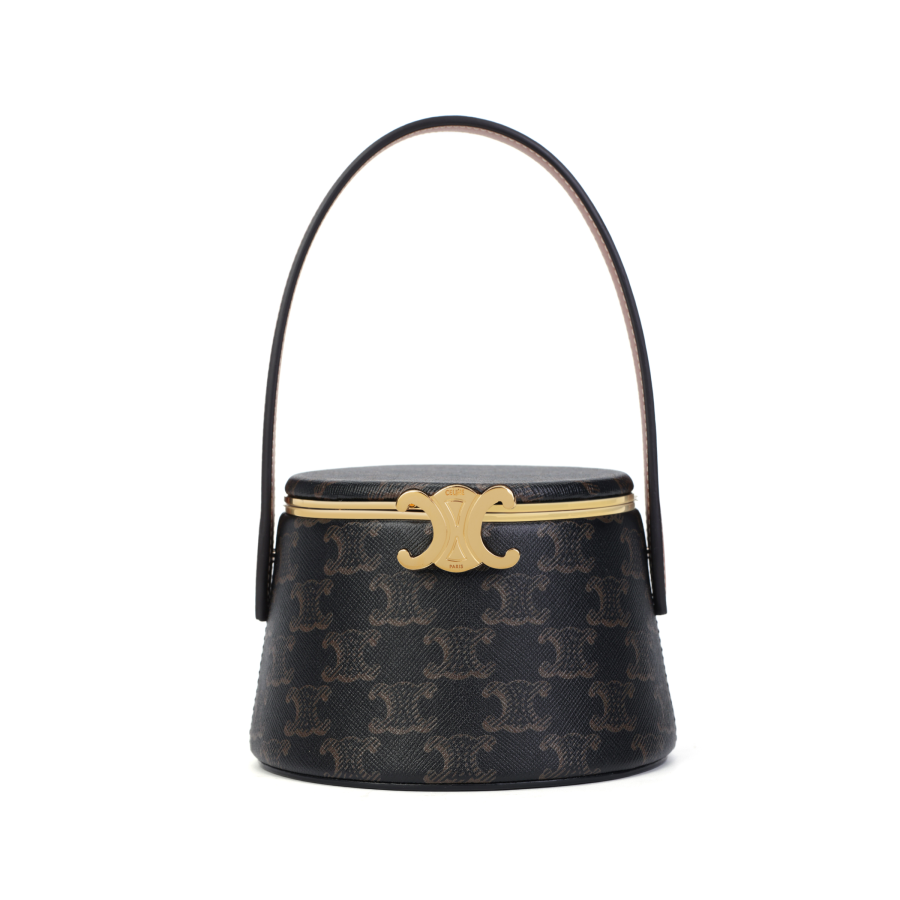 CELINE Triomphe Lambskin With Calfskin Round Makeup Box Clutch Handbag Women's Tan