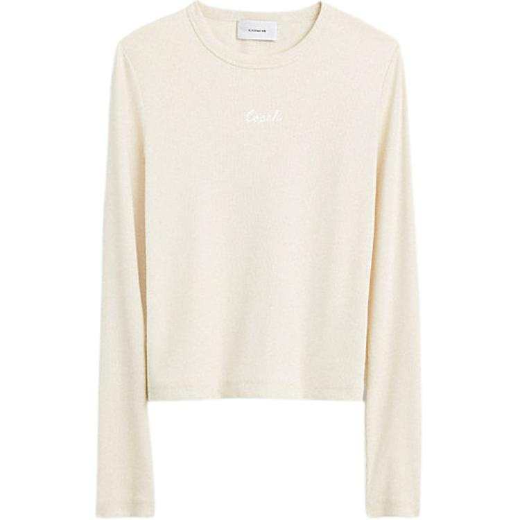 COACH SS24 Solid Color Logo Embroidery Ribbed Long Sleeved T Shirt Women's White