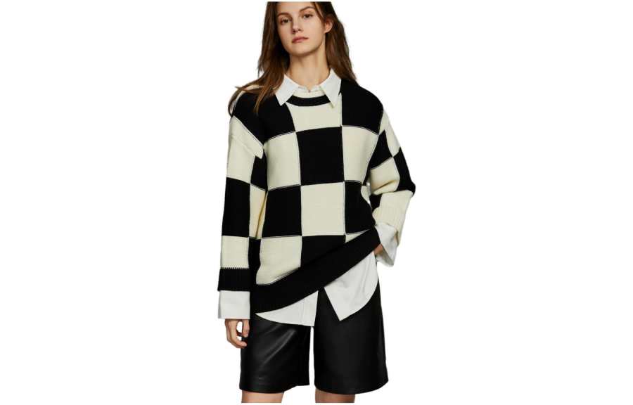 ELLE Knitwear Women's Black White Plaid Crew Neck Moderate Other