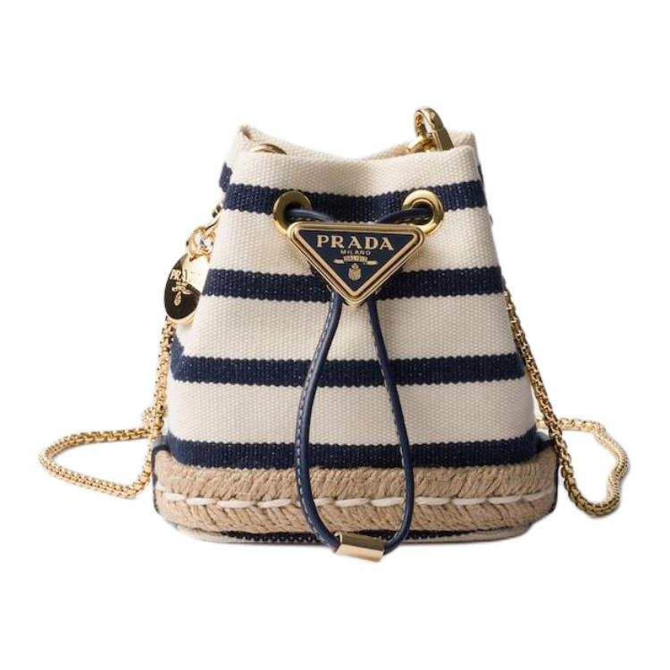 PRADA Cotton Bucket Bag, Shoulder Bag Mini Women's Ivory & Blue
