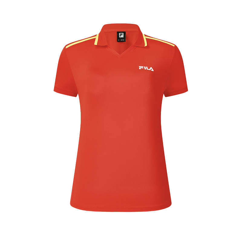 FILA Polo Shirts Women's National Flag Red Logo Standard Color V Neck Moderate Straight Fit