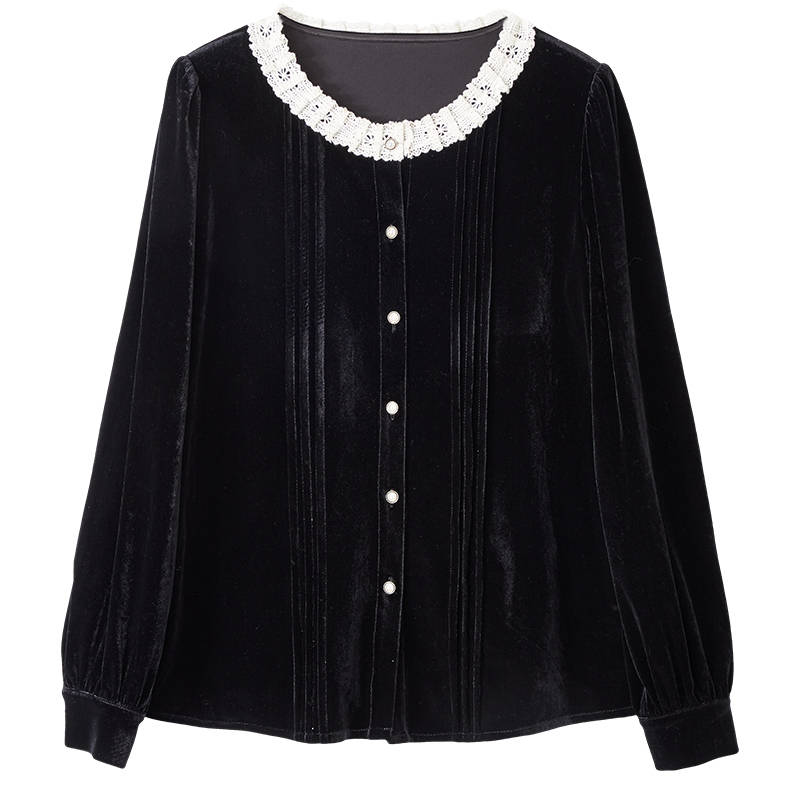 XIANGYING Chiffon Shirts Women's Black Crew Neck Moderate Shirt