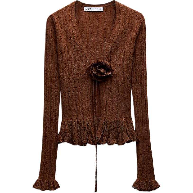 ZARA Knitwear Women's Brown V Neck Moderate Cardigan