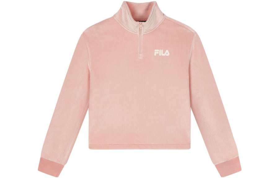 FILA Solid Color Stand Collar Casual Pullover Fleece Lined Half Open Collar Sweatshirt Women's Molasses Powder
