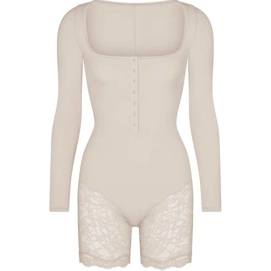 Skims FITS EVERYBODY LACE LONG SLEEVE ONESIE Jumpsuit Women's STONE/Stone Color