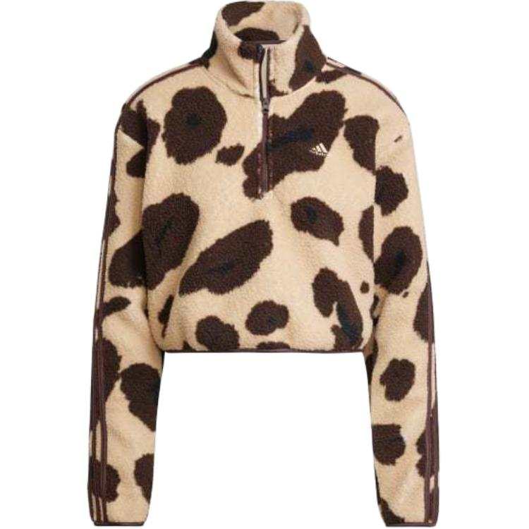 Adidas Adidas Women's Essentials 3 Stripes Animal Print High Pile Cropped 1/4 Zip Top Shadow Brown/White