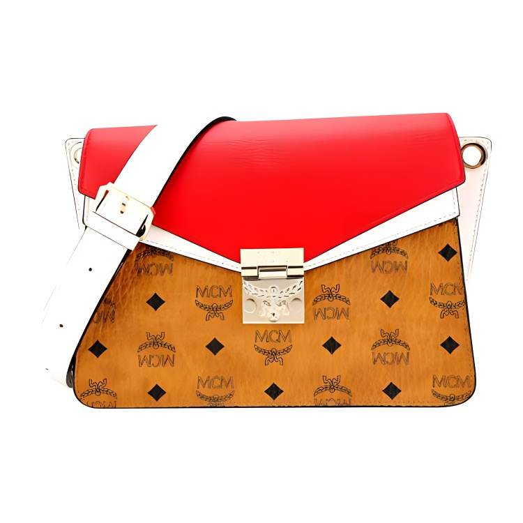 MCM Visetos Canvas With Leather Crossbody Bags Medium Women's Red Brown Cognac